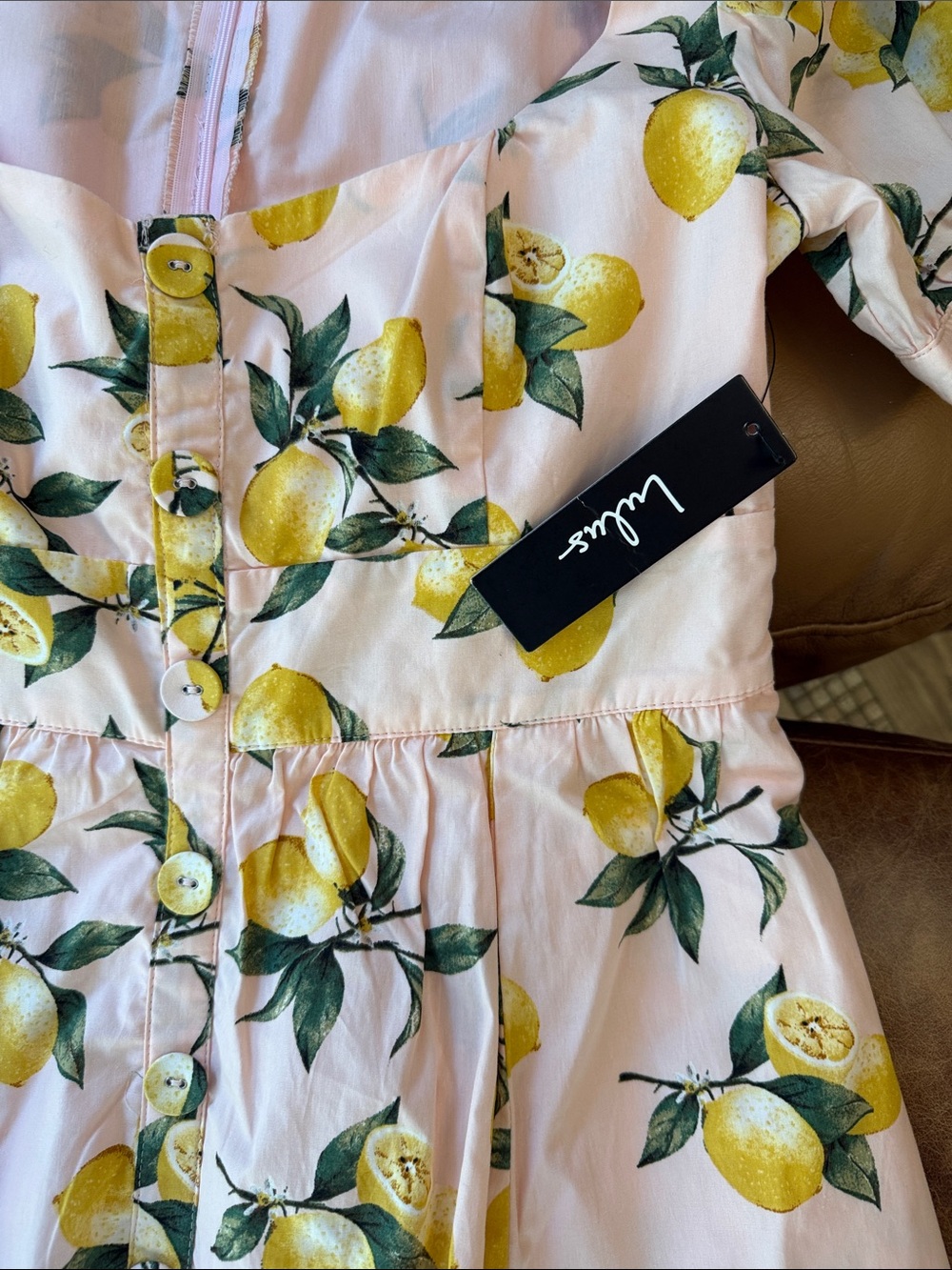 NWT Lulus Squeeze the Day Lemon Print Puff Sleeve Skater Dress Medium Light Pink - Picture 3 of 6